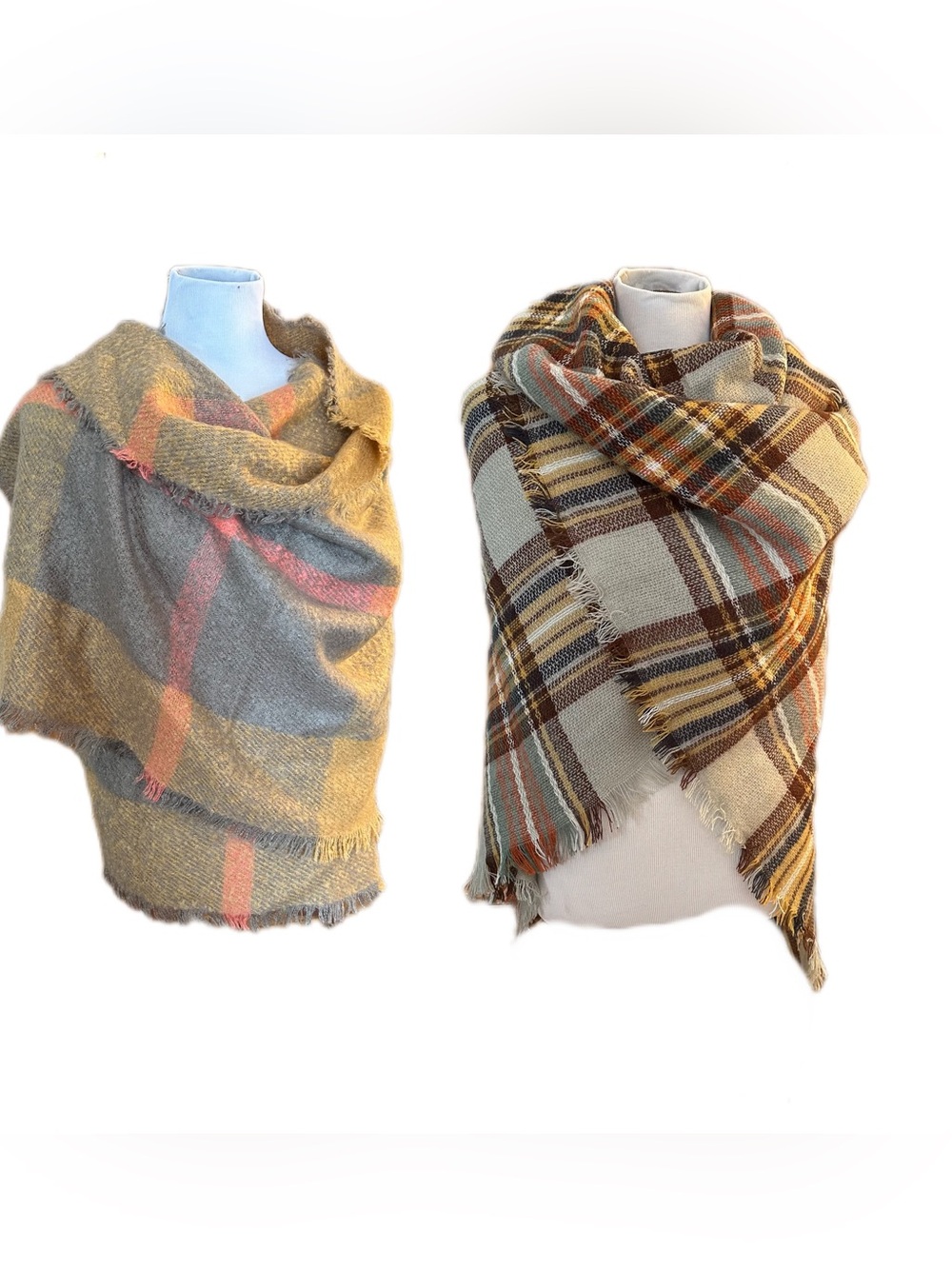 Bundle of 2, Plaid Knit Wrap Scarf in Gray, Tan, multicolor Shawl Fringe large